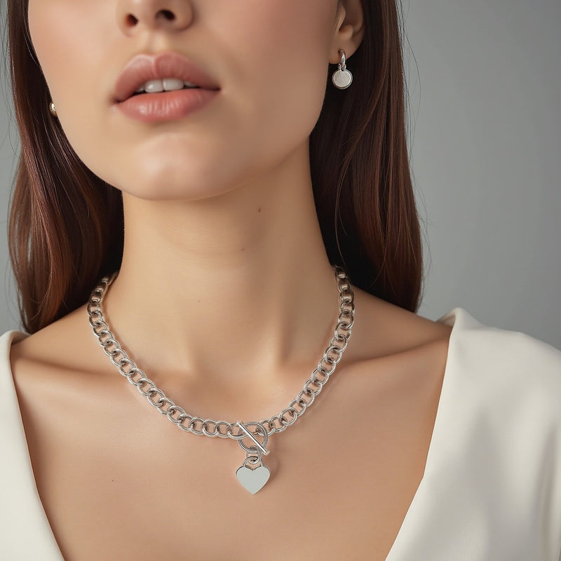 Sterling Silver Rolo Chain  with a Heart Toggle Charm and Rhodium Plating